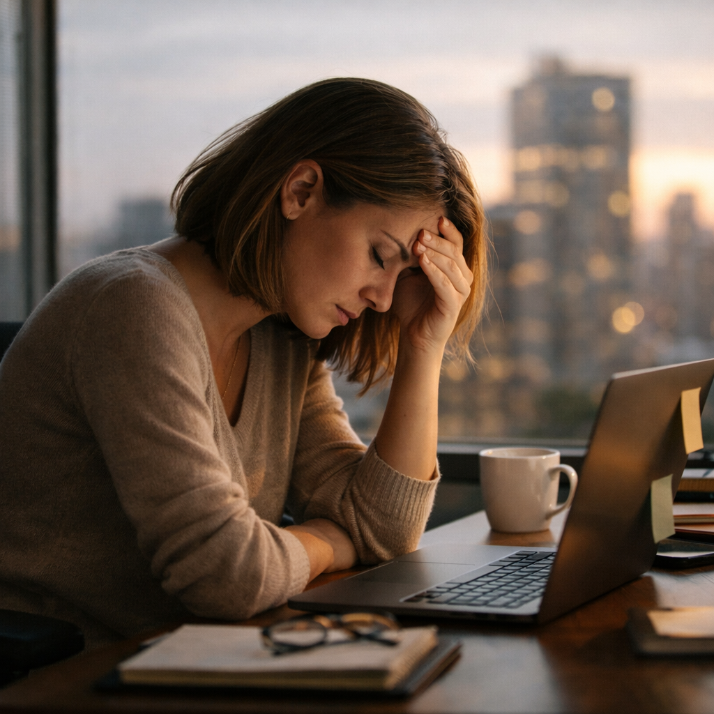 Läbipõlemist kujutav väsinud naine töölaua taga